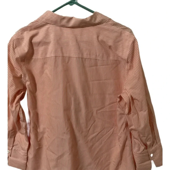 Chicos Ladies Orange and White Pinstripe No Iron 3 Button 3/4 Length Sleeves. - Picture 2 of 3